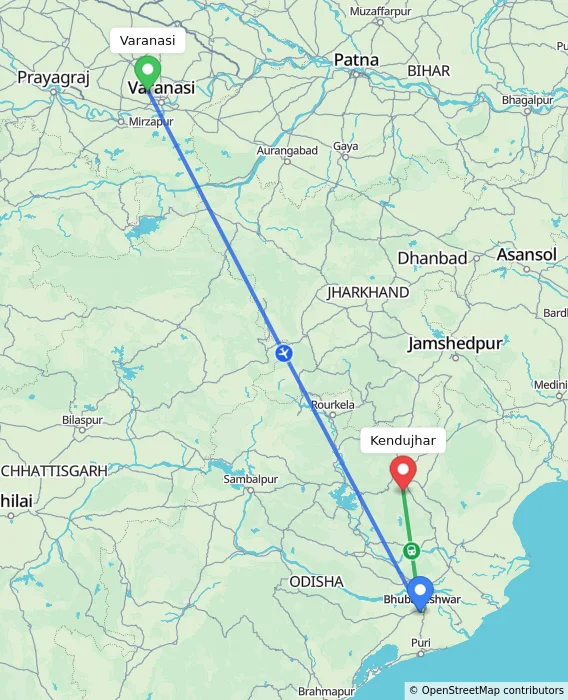 Route map showing distance and travel time from Varanasi, India to Kendujhar, India
