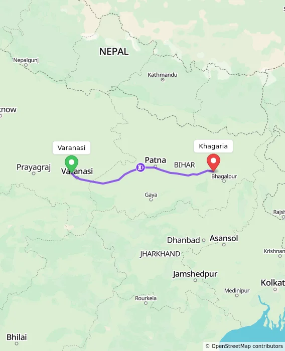 Route map showing distance and travel time from Varanasi, India to Khagaria, India