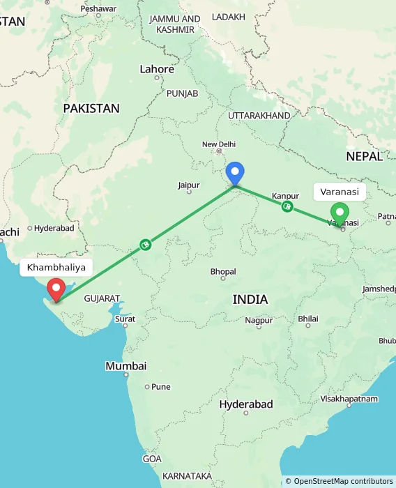 Route map showing distance and travel time from Varanasi, India to Khambhaliya, India