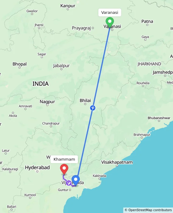 Route map showing distance and travel time from Varanasi, India to Khammam, India