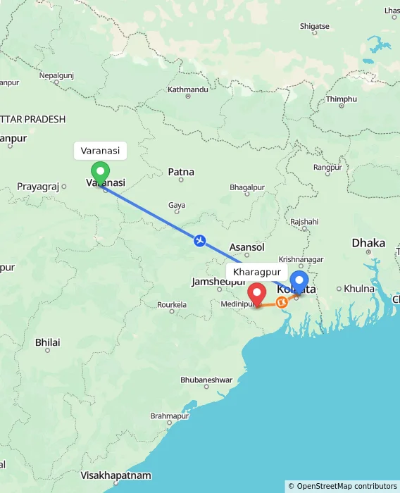 Route map showing distance and travel time from Varanasi, India to Kharagpur, India