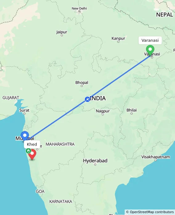 Route map showing distance and travel time from Varanasi, India to Khed, India