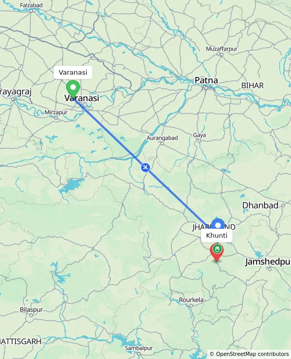 Route map showing distance and travel time from Varanasi, India to Khunti, India