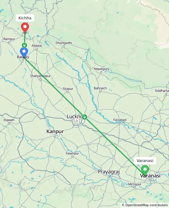 Route map showing distance and travel time from Varanasi, India to Kichha, India