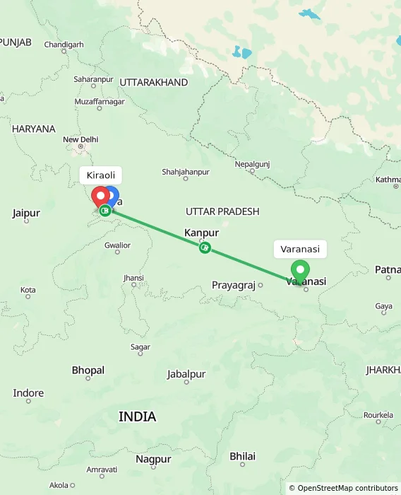 Route map showing distance and travel time from Varanasi, India to Kiraoli, India
