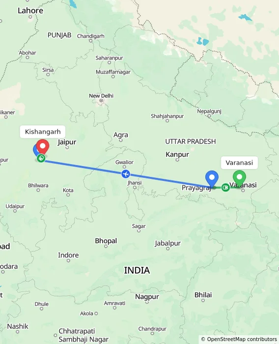 Route map showing distance and travel time from Varanasi, India to Kishangarh, India
