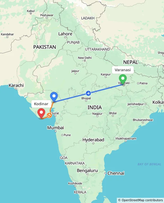 Route map showing distance and travel time from Varanasi, India to Kodinar, India