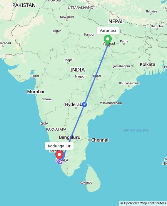 Route map showing distance and travel time from Varanasi, India to Kodungallur, India