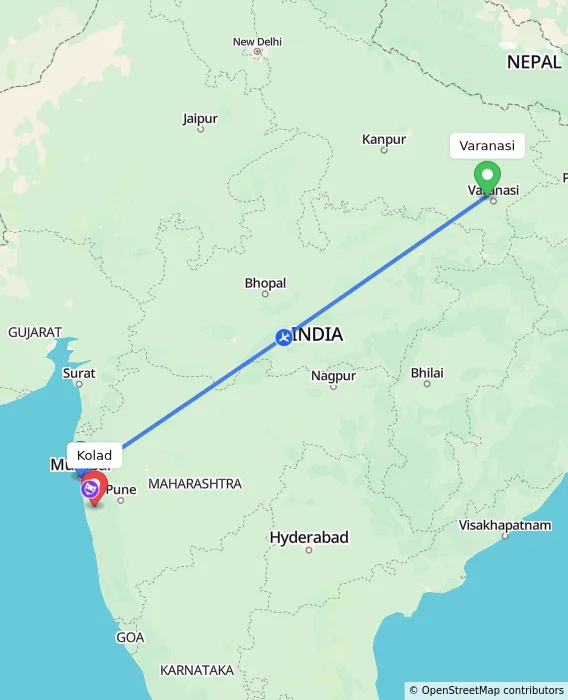 Route map showing distance and travel time from Varanasi, India to Kolad, India