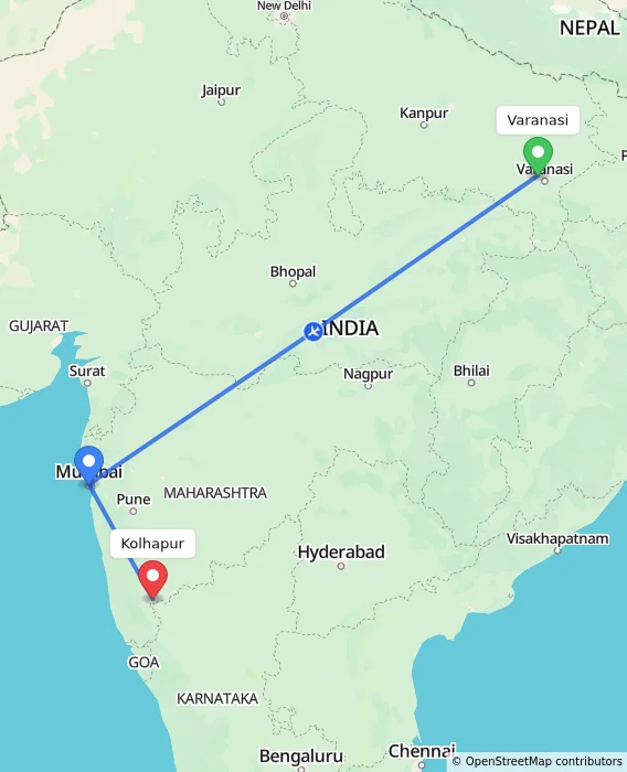 Route map showing distance and travel time from Varanasi, India to Kolhapur, India