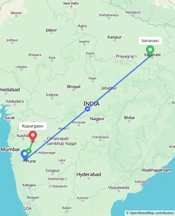 Route map showing distance and travel time from Varanasi, India to Kopargaon, India