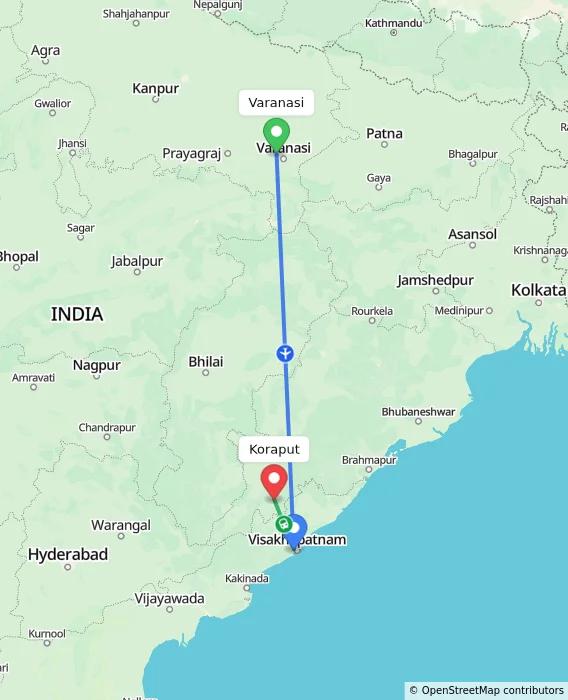 Route map showing distance and travel time from Varanasi, India to Koraput, India