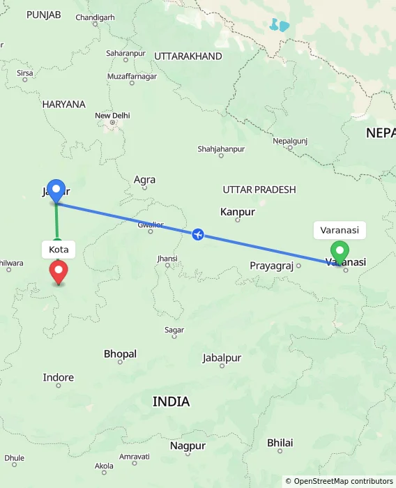 Route map showing distance and travel time from Varanasi, India to Kota, India
