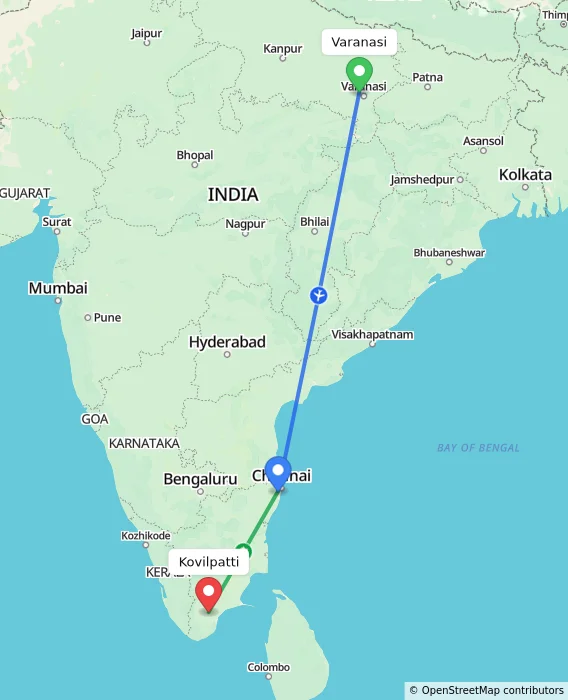 Route map showing distance and travel time from Varanasi, India to Kovilpatti, India