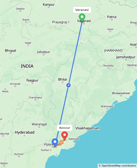 Route map showing distance and travel time from Varanasi, India to Kovvur, India