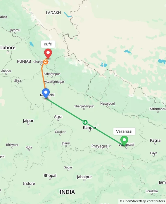 Route map showing distance and travel time from Varanasi, India to Kufri, India