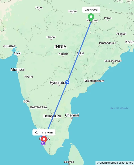 Route map showing distance and travel time from Varanasi, India to Kumarakom, India