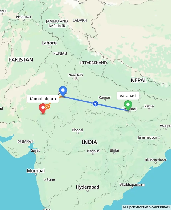 Route map showing distance and travel time from Varanasi, India to Kumbhalgarh, India