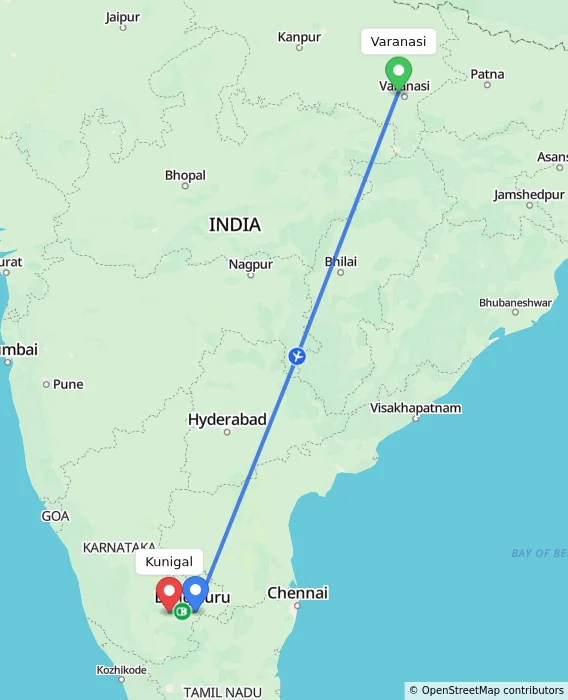 Route map showing distance and travel time from Varanasi, India to Kunigal, India