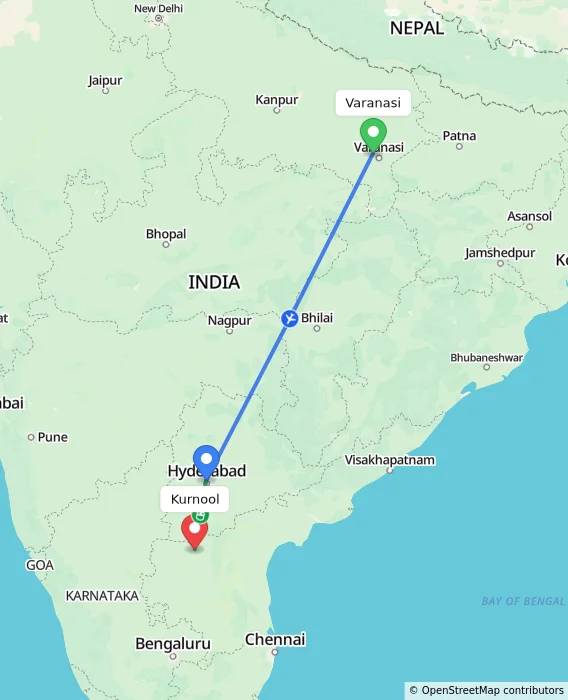 Route map showing distance and travel time from Varanasi, India to Kurnool, India