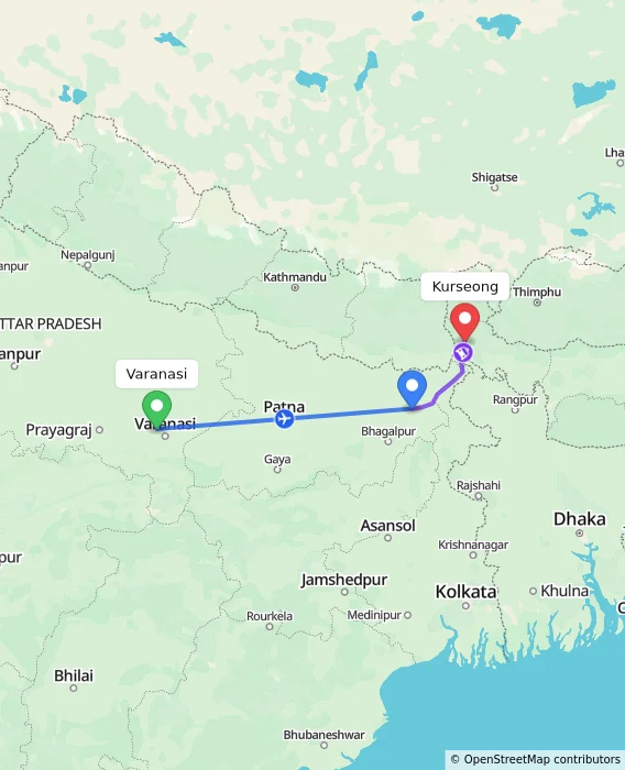 Route map showing distance and travel time from Varanasi, India to Kurseong, India