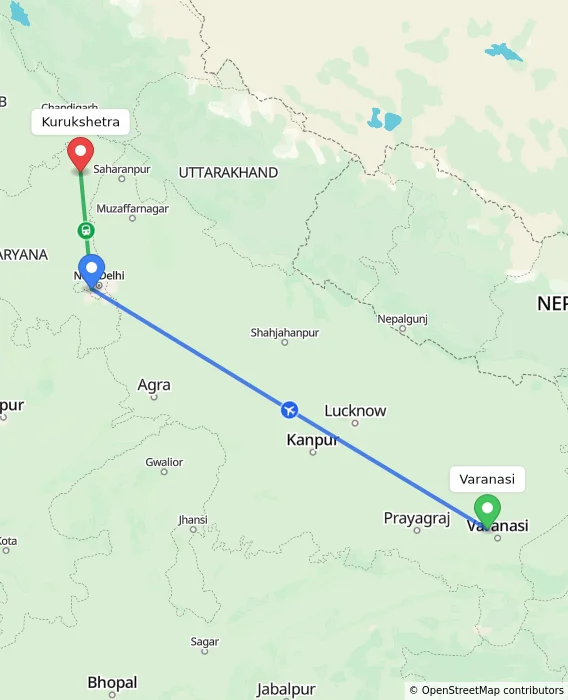Route map showing distance and travel time from Varanasi, India to Kurukshetra, India