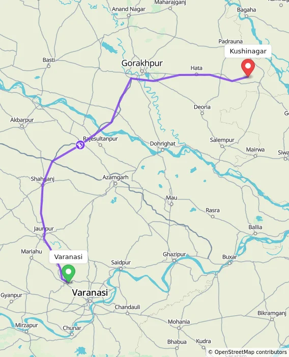 Route map showing distance and travel time from Varanasi, India to Kushinagar, India