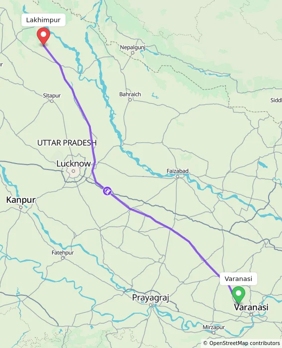 Route map showing distance and travel time from Varanasi, India to Lakhimpur, India