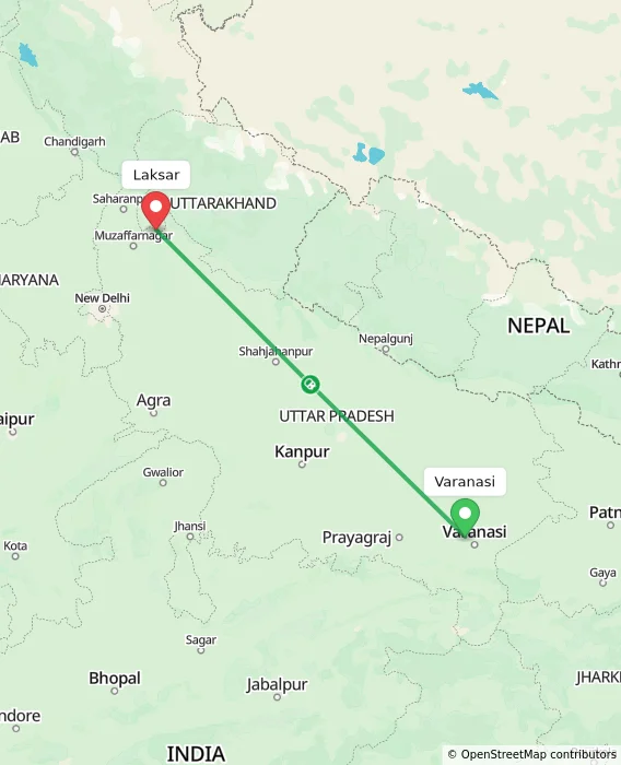 Route map showing distance and travel time from Varanasi, India to Laksar, India