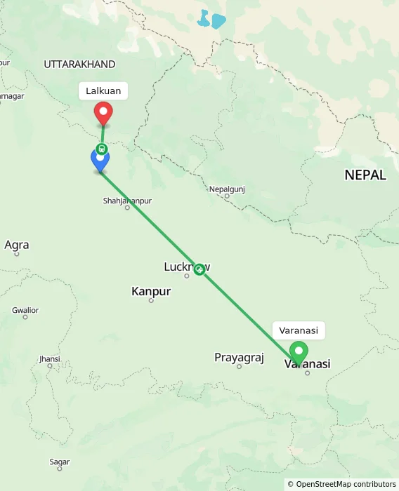 Route map showing distance and travel time from Varanasi, India to Lalkuan, India