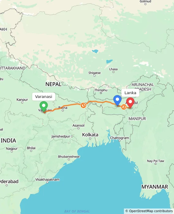 Route map showing distance and travel time from Varanasi, India to Lanka, India