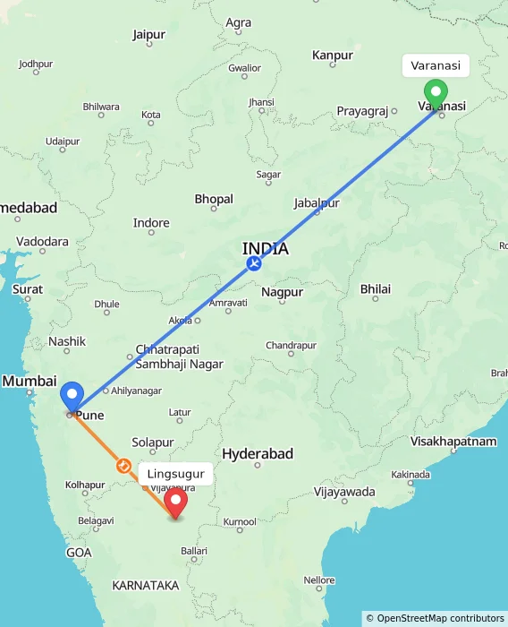 Route map showing distance and travel time from Varanasi, India to Lingsugur, India