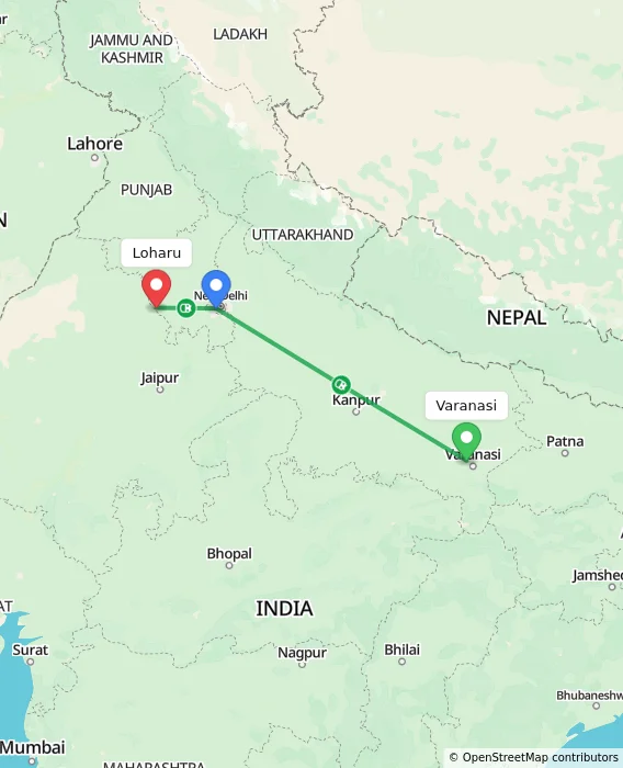 Route map showing distance and travel time from Varanasi, India to Loharu, India