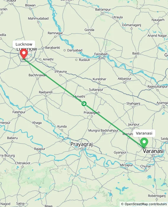 Route map showing distance and travel time from Varanasi, India to Lucknow, India