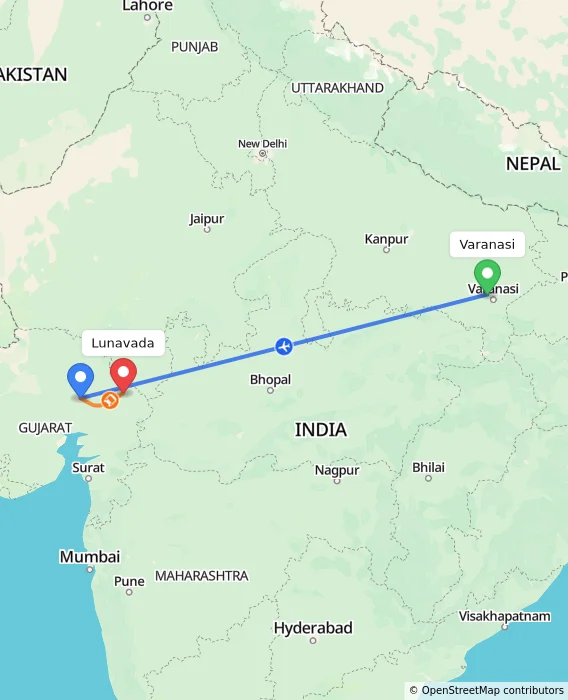Route map showing distance and travel time from Varanasi, India to Lunavada, India