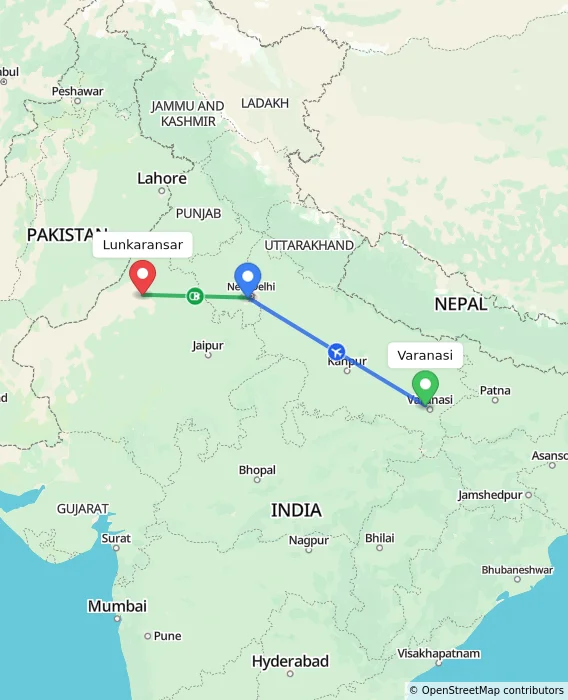 Route map showing distance and travel time from Varanasi, India to Lunkaransar, India