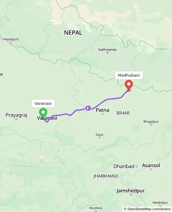 Route map showing distance and travel time from Varanasi, India to Madhubani, India