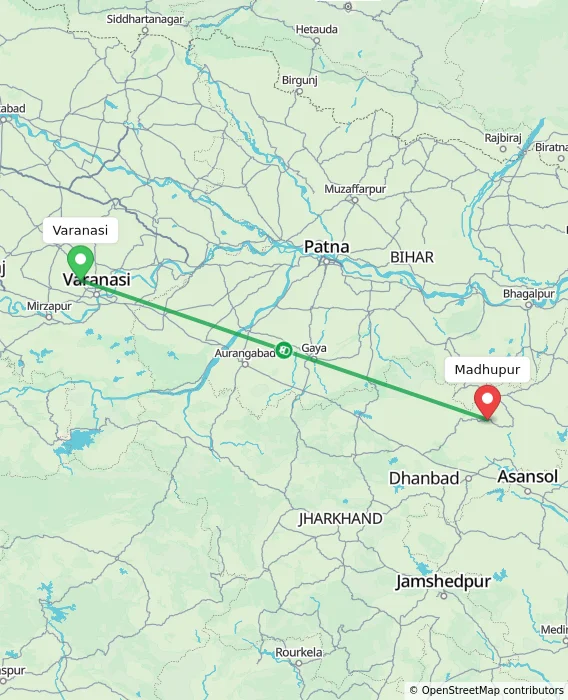 Route map showing distance and travel time from Varanasi, India to Madhupur, India