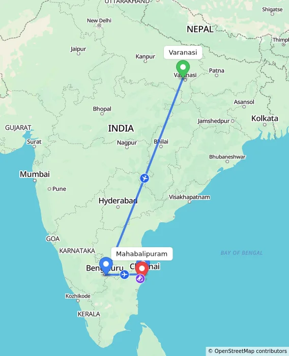 Route map showing distance and travel time from Varanasi, India to Mahabalipuram, India