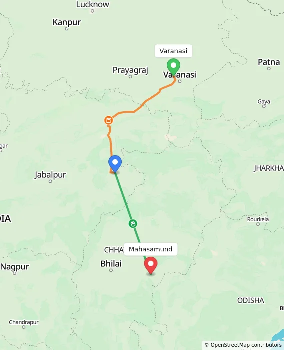 Route map showing distance and travel time from Varanasi, India to Mahasamund, India