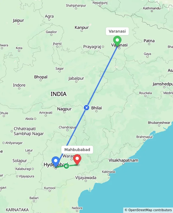 Route map showing distance and travel time from Varanasi, India to Mahbubabad, India