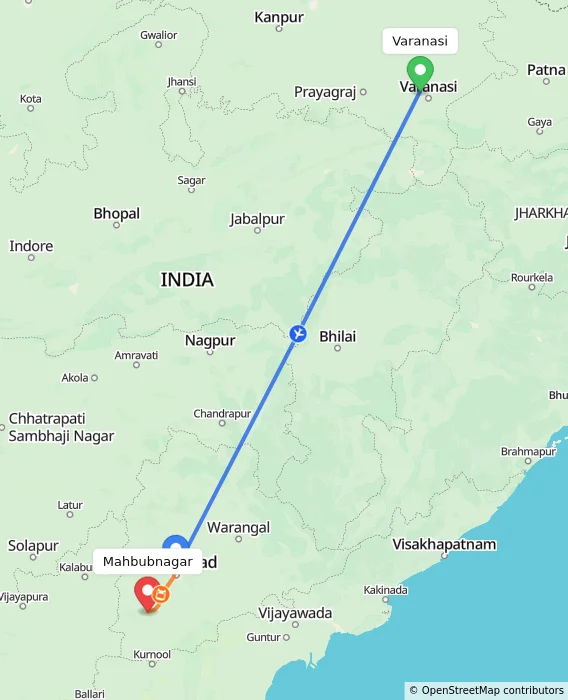 Route map showing distance and travel time from Varanasi, India to Mahbubnagar, India