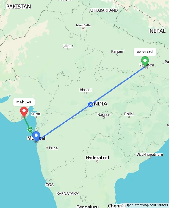 Route map showing distance and travel time from Varanasi, India to Mahuva, India