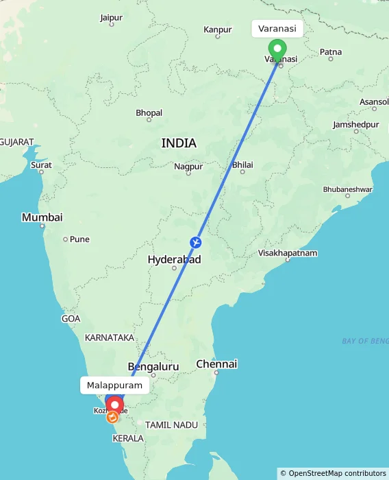 Route map showing distance and travel time from Varanasi, India to Malappuram, India