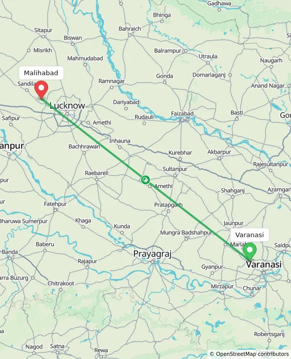 Route map showing distance and travel time from Varanasi, India to Malihabad, India