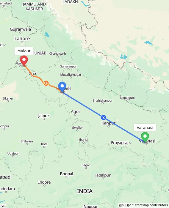 Route map showing distance and travel time from Varanasi, India to Malout, India
