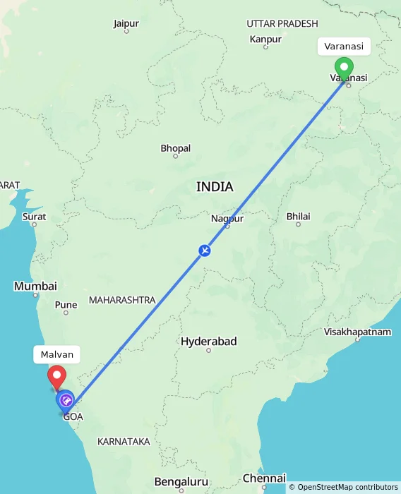 Route map showing distance and travel time from Varanasi, India to Malvan, India