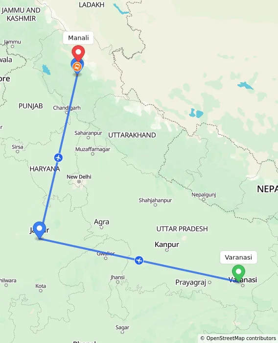 Route map showing distance and travel time from Varanasi, India to Manali, India