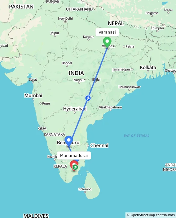 Route map showing distance and travel time from Varanasi, India to Manamadurai, India
