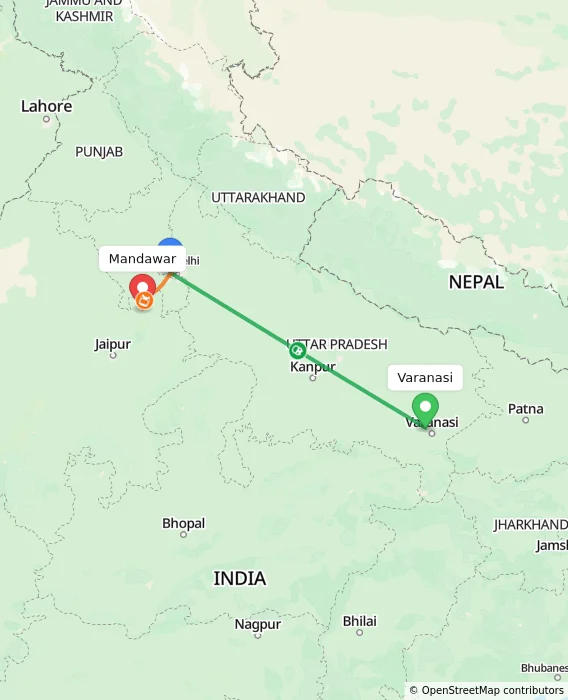 Route map showing distance and travel time from Varanasi, India to Mandawar, India